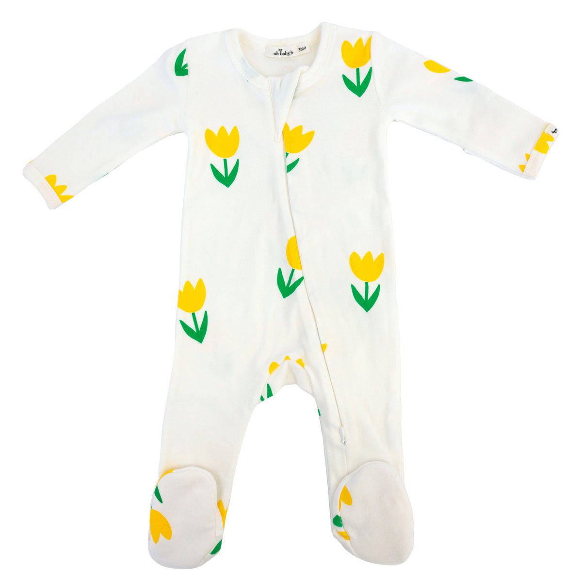 Cotton Baby Rib Zipper Footie - Yellow Tulips Print - Cream - Joy