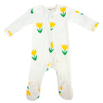 Cotton Baby Rib Zipper Footie - Yellow Tulips Print - Cream - Joy