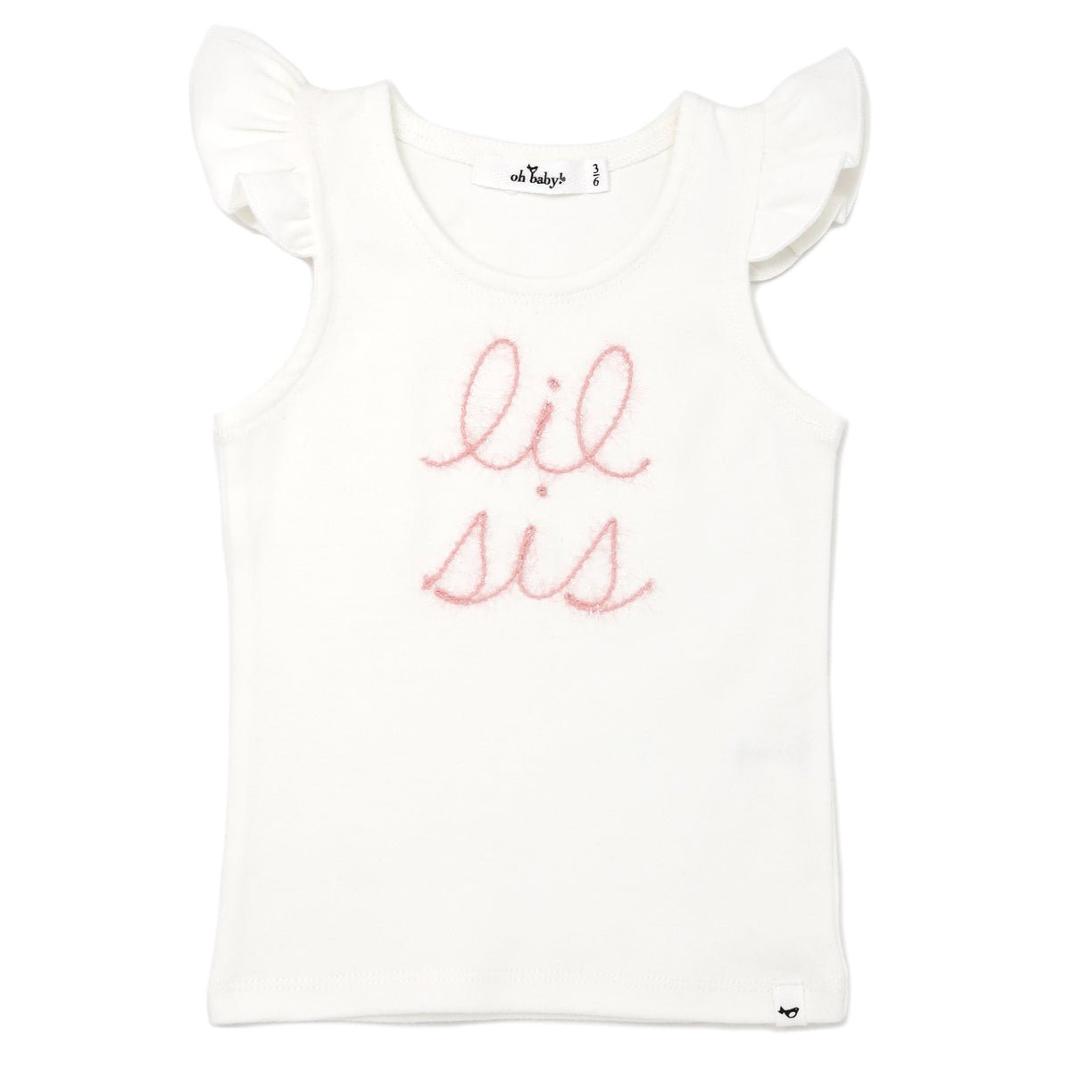 Pink Eyelash Flutter Sleeve Tank - "lil sis" - Cream - Joy