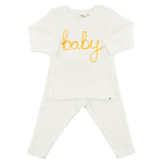 Two Piece Set - "Baby" Golden Embroidered - Cream - Joy