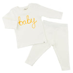 Two Piece Set - "Baby" Golden Embroidered - Cream - Joy