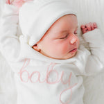 Two Piece Set - "Baby" in Pink Sparkle Embroidered - Cream - Joy
