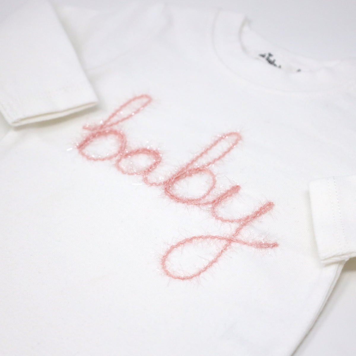 Two Piece Set - "Baby" in Pink Sparkle Embroidered - Cream - Joy