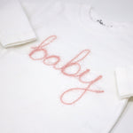 Two Piece Set - "Baby" in Pink Sparkle Embroidered - Cream - Joy