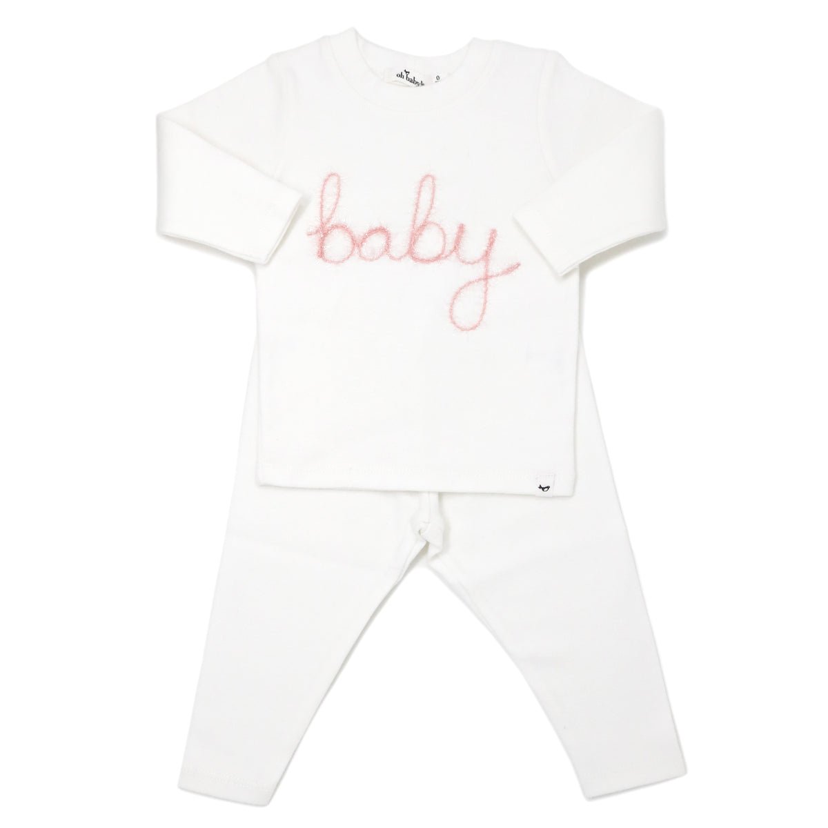 Two Piece Set - "Baby" in Pink Sparkle Embroidered - Cream - Joy