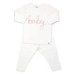 Two Piece Set - "Baby" in Pink Sparkle Embroidered - Cream - Joy