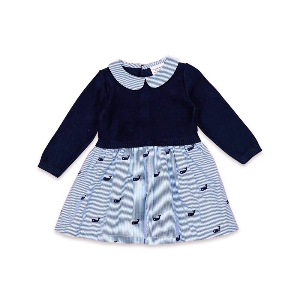 Whale Embroidered Pinstripe Baby Sweater Knit Dress (Organic) Navy Blue / 12-18M Whale Embroidered Pinstripe Baby Sweater Knit Dress (Organic) Navy Blue / 12-18M