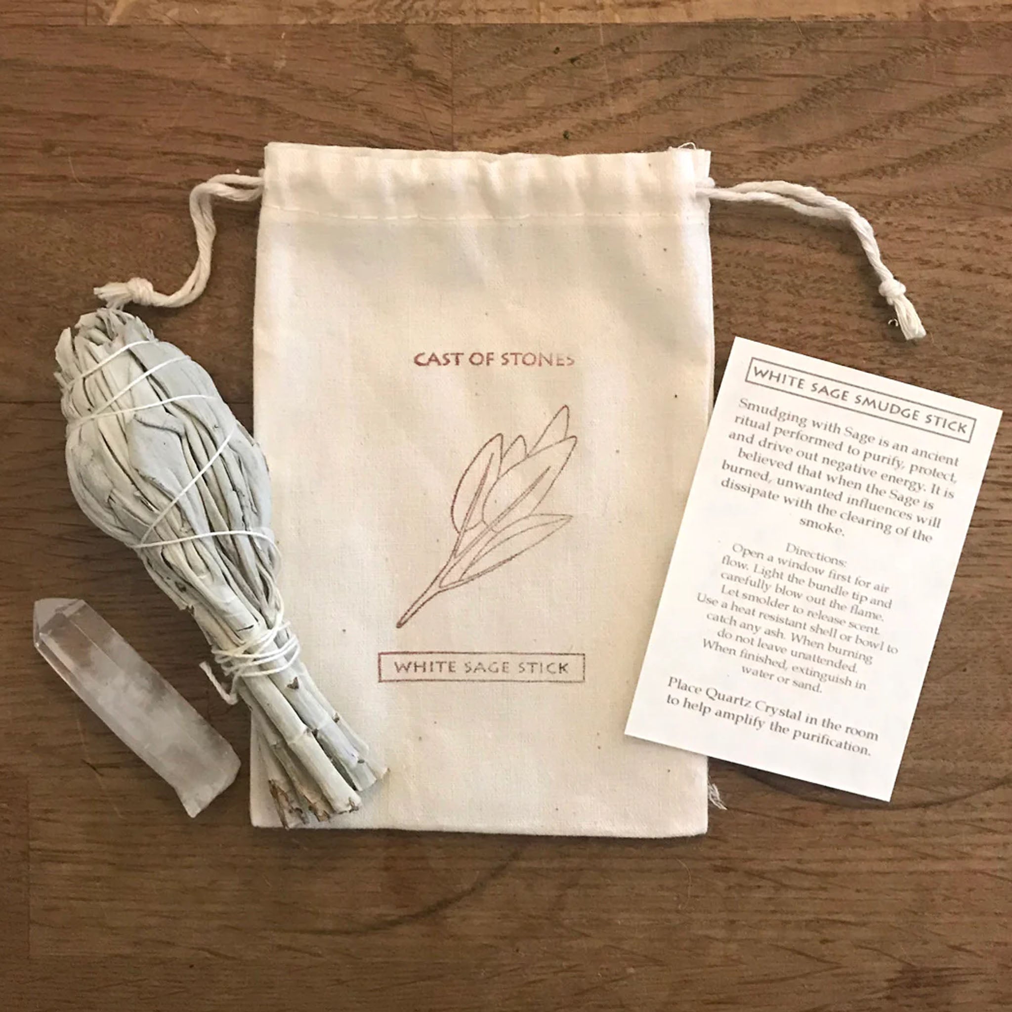 White Sage Smudge Stick & Quartz Crystal Pouch - Joy