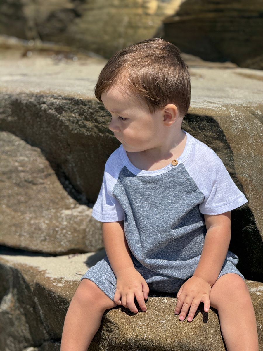 AFLOAT Heathered Navy Raglan Romper - Joy