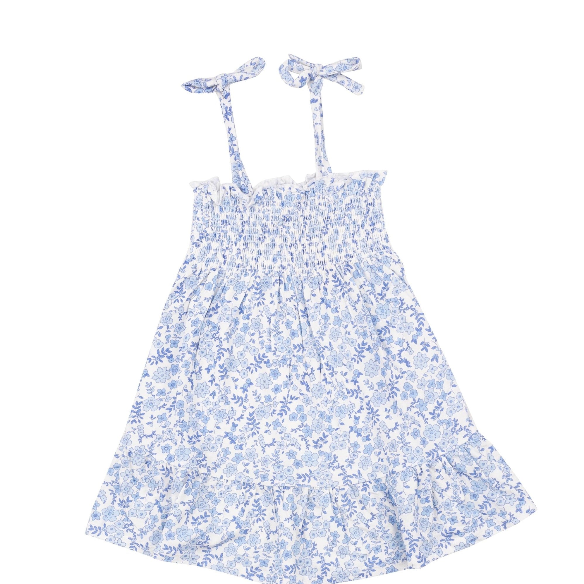 Blue Calico Floral Tie Strapped Smocked Sun Dress - Joy
