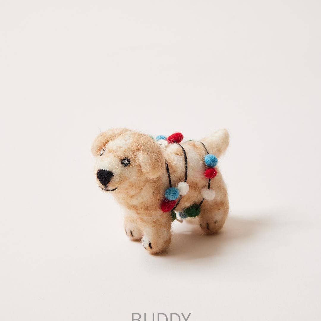 Buddy Felted Festive Pup Ornament - Joy