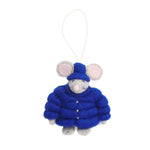 Dark Blue Felt Puffer Coat Mouse Ornament - Joy