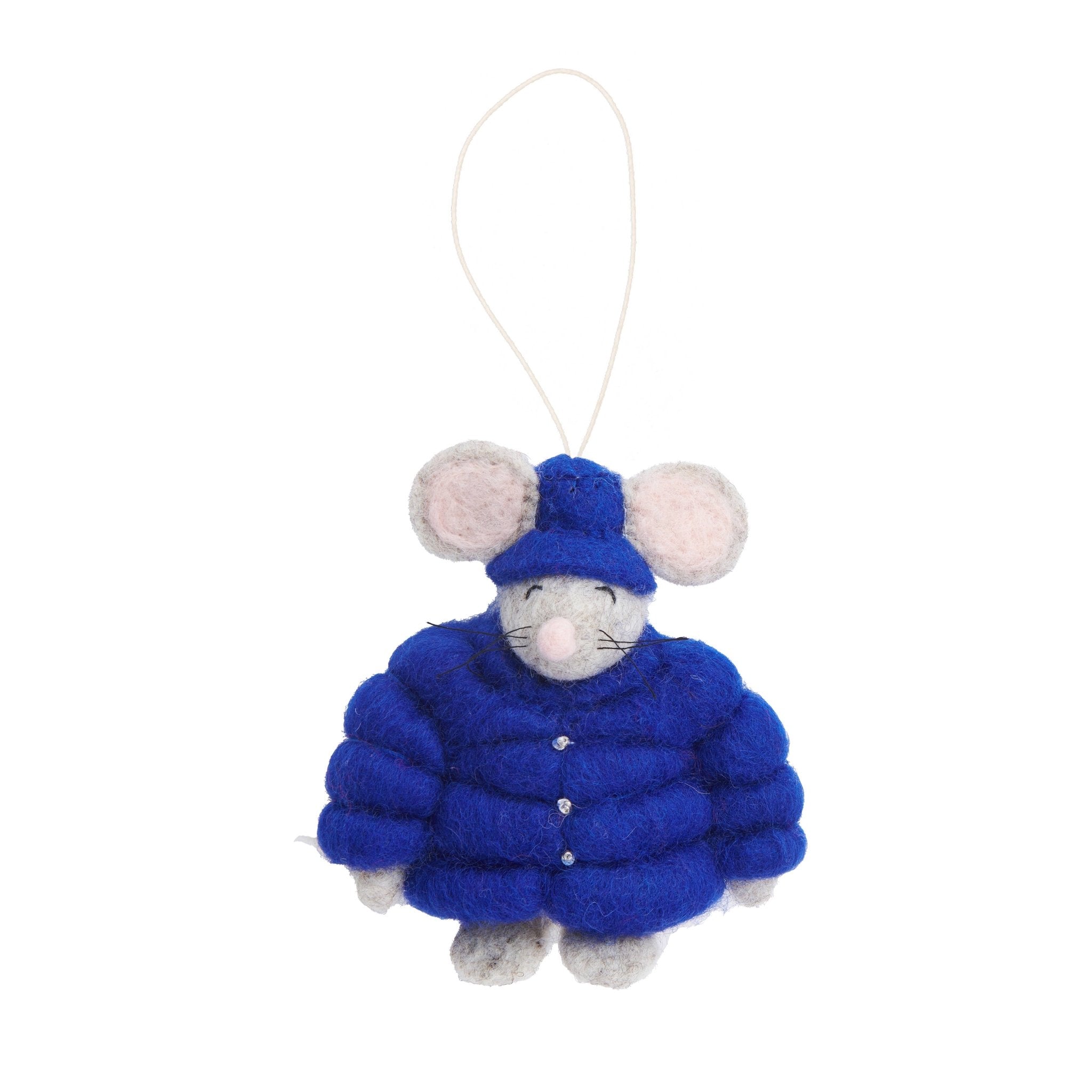 Dark Blue Felt Puffer Coat Mouse Ornament - Joy