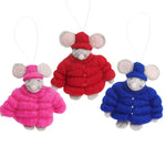 Dark Blue Felt Puffer Coat Mouse Ornament - Joy