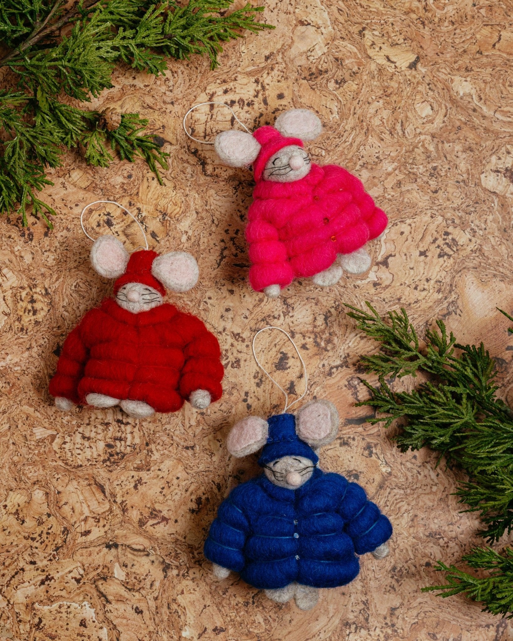 Dark Blue Felt Puffer Coat Mouse Ornament - Joy