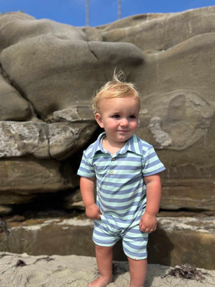 DRIFT Chambray/Blue Stripe Polo Romper - Joy