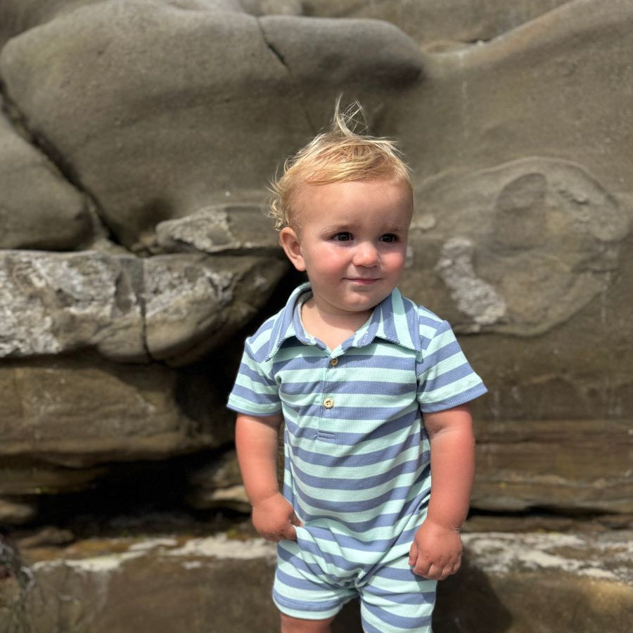 DRIFT Chambray/Blue Stripe Polo Romper - Joy