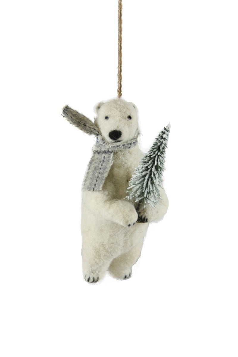 Felt Polar Bear Holding Tree Ornament - Joy