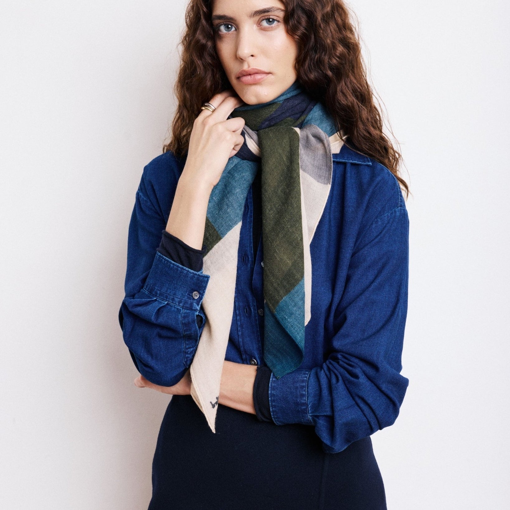 GEOMETRIC Navy/Green Square Scarf - Joy