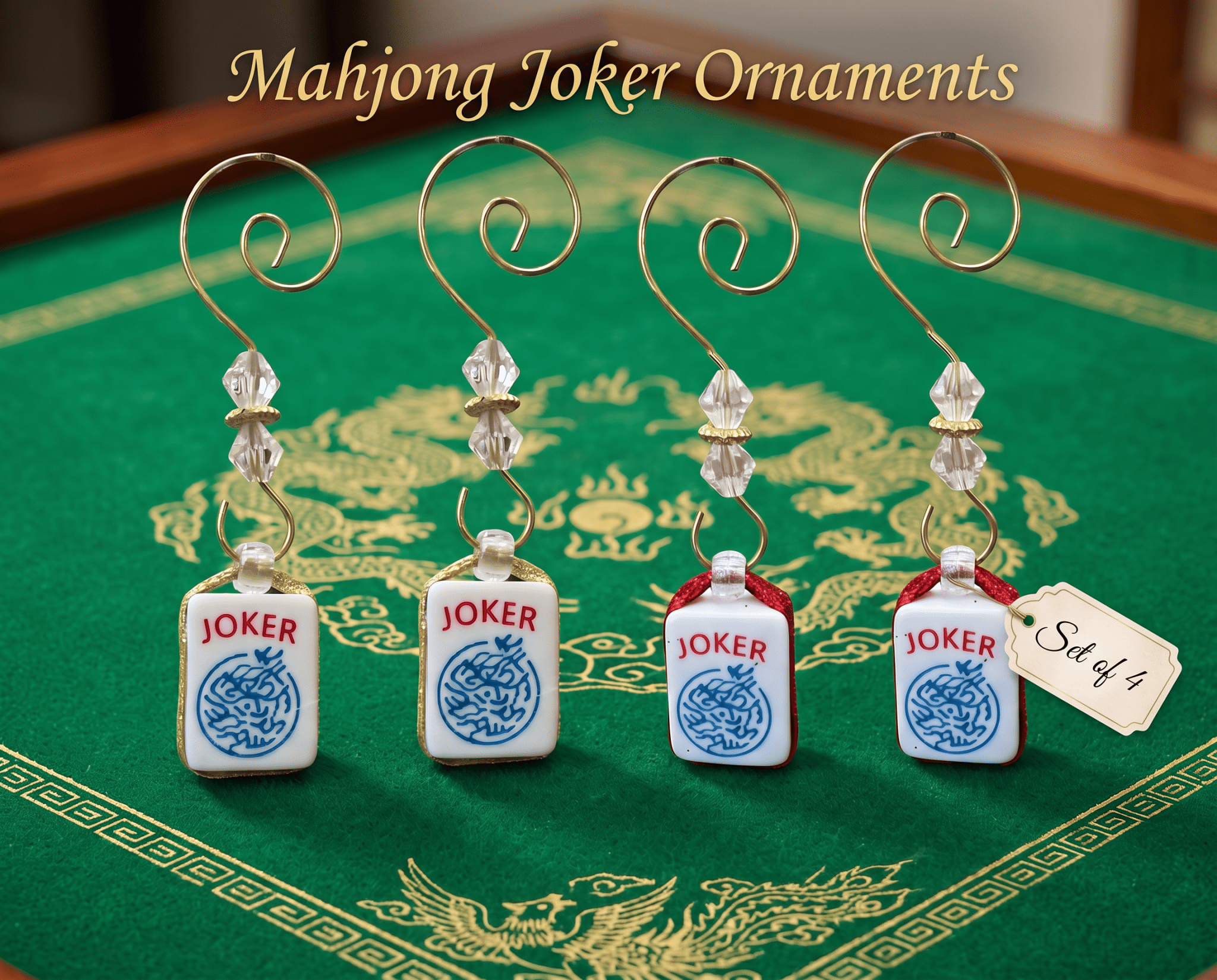 Joker Mahjong Christmas Ornament: Gold, Set of 4 - Joy Gift Shoppe