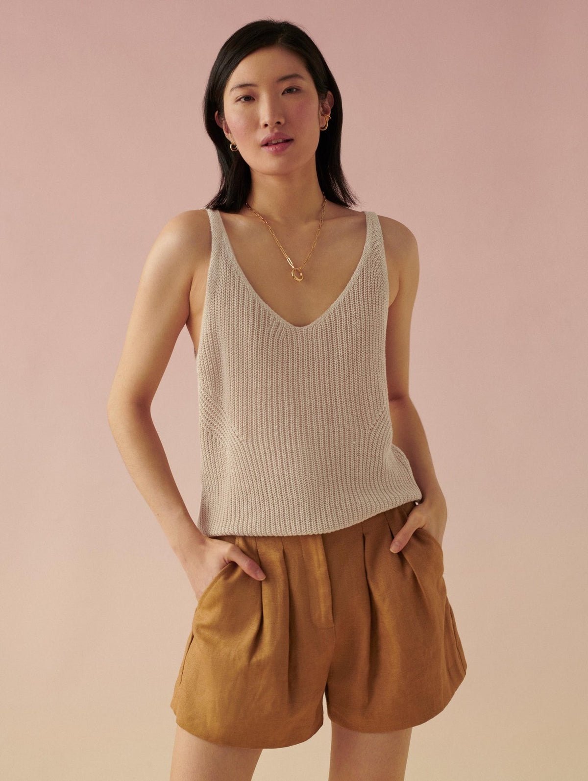 Linen Ribbed V Neck Tank - Joy