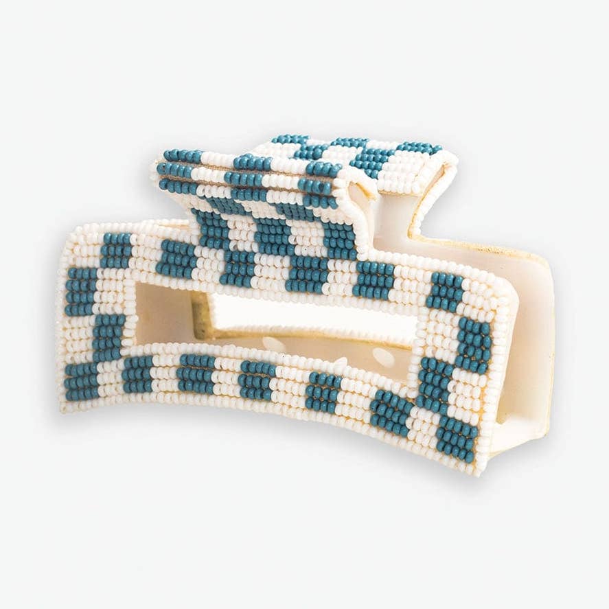 Lola Game Day Checked Beaded Claw Clip - Blue + White - Joy Gift Shoppe