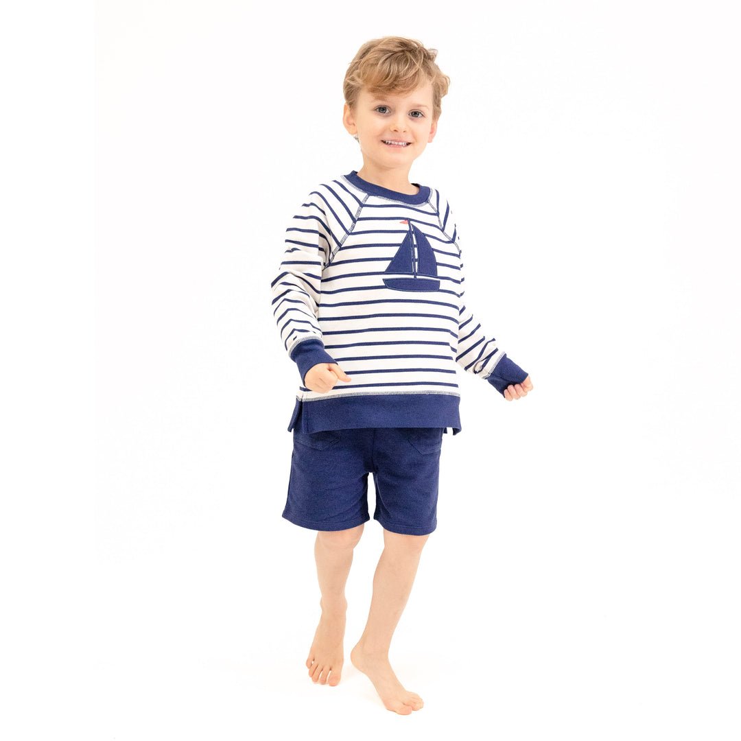 Navy Stripe French Terry Sweatshirt With Applique & Shorts - Joy
