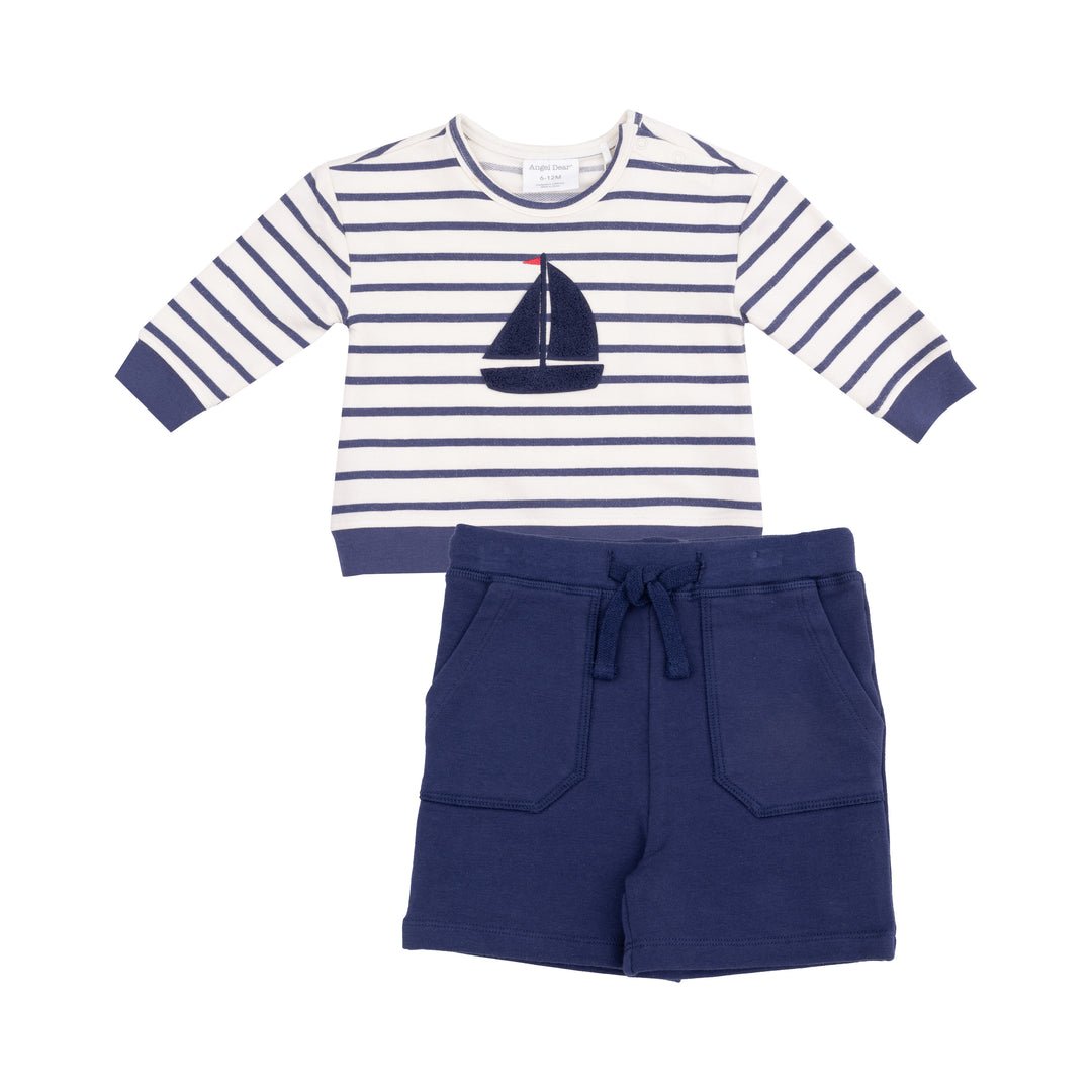 Navy Stripe French Terry Sweatshirt With Applique & Shorts - Joy