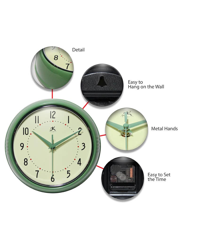 Retro Round Green Indoor Wall Clock 9.5 Inch - Joy