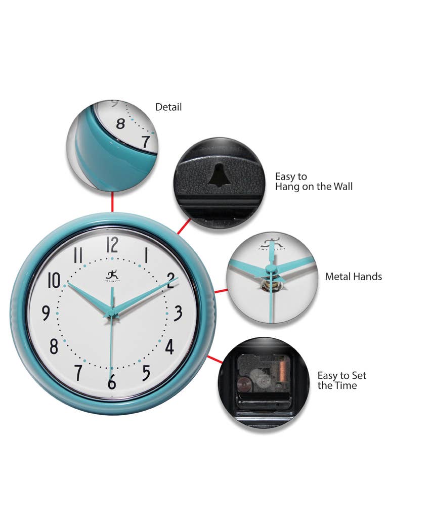 Retro Round Turquoise Indoor Wall Clock 9.5 Inch - Joy