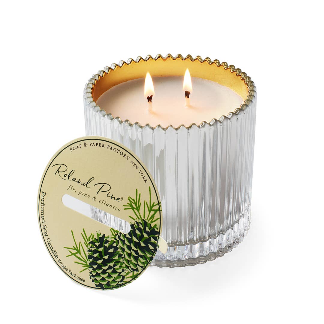 Roland Pine 14 oz Silver & Gold Two - Wick Ribbed Glass Candle - Joy