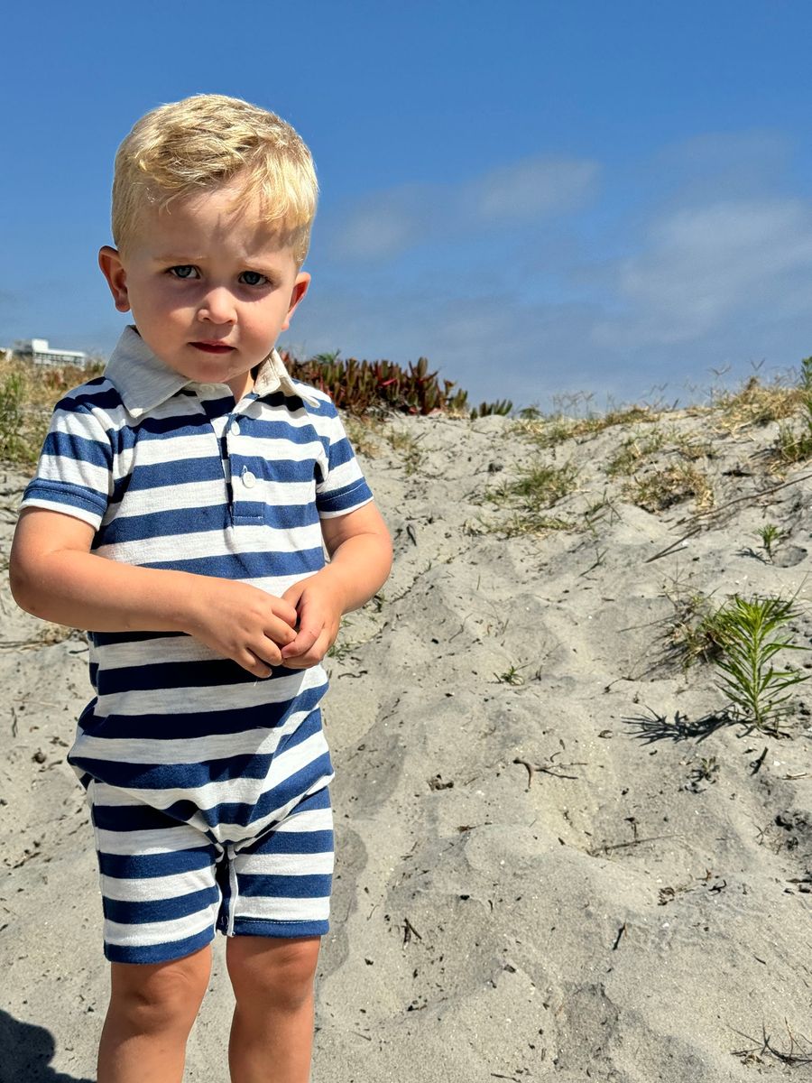 SALTASH Navy/White Striped Slub Polo Romper - Joy