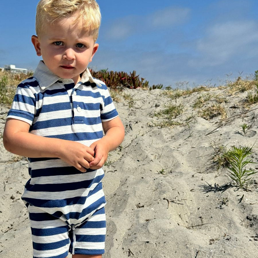 SALTASH Navy/White Striped Slub Polo Romper - Joy