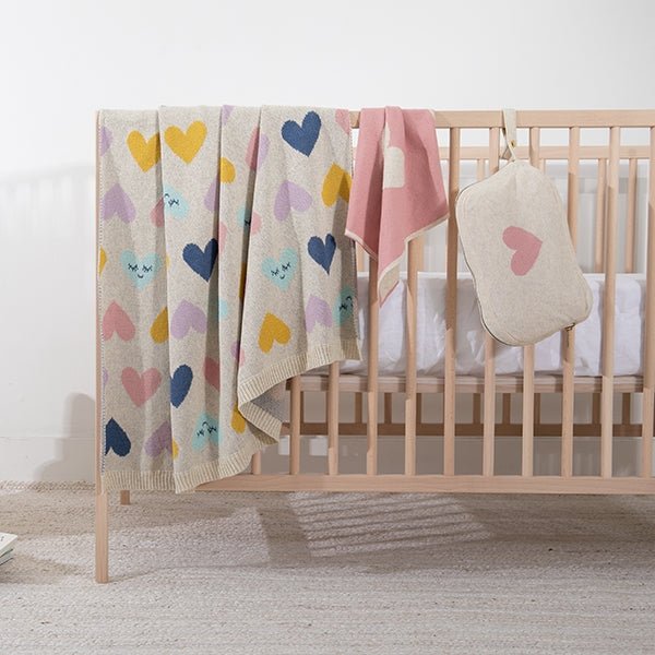 Smiley Hearts Organic Cotton Baby Blanket and Burp Cloth Set - Blossom - Joy