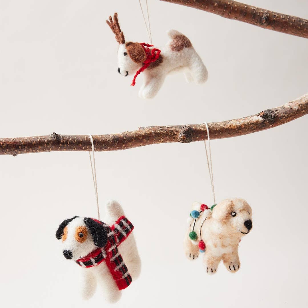 Spot Felted Festive Pup Ornament - Joy