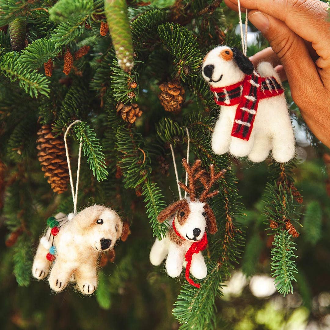 Spot Felted Festive Pup Ornament - Joy