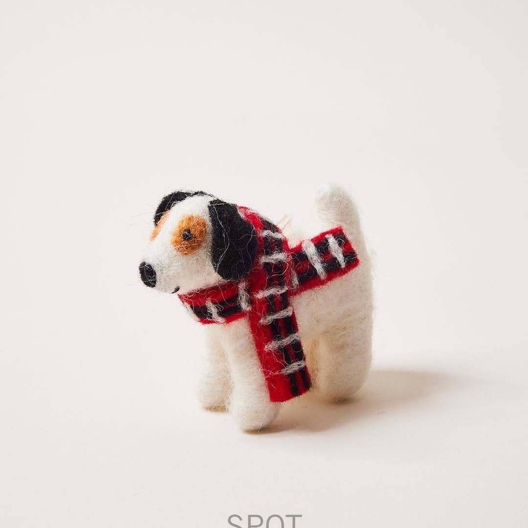 Spot Felted Festive Pup Ornament - Joy