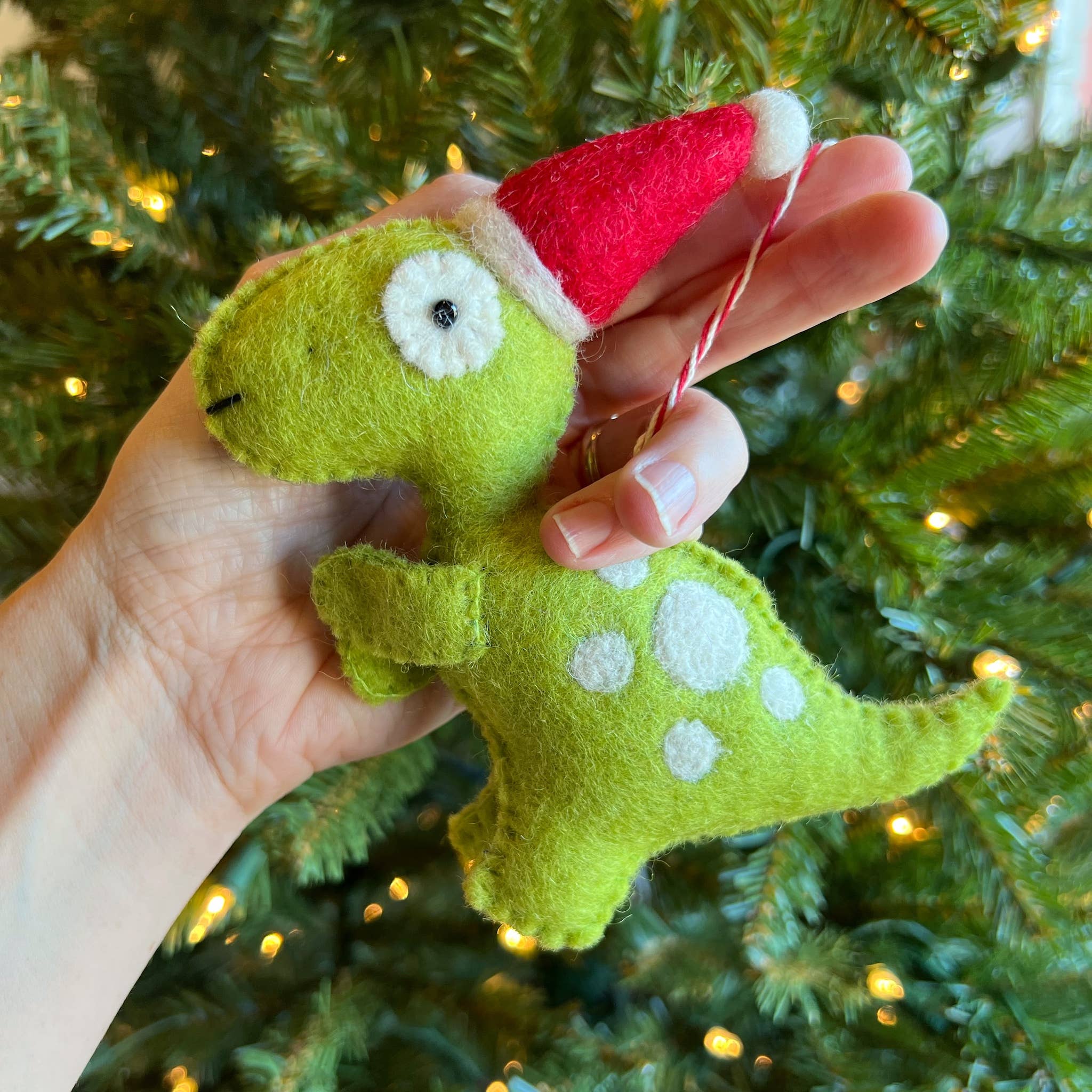 T - Rex in Santa Hat Felt Wool Dinosaur Ornament - Joy