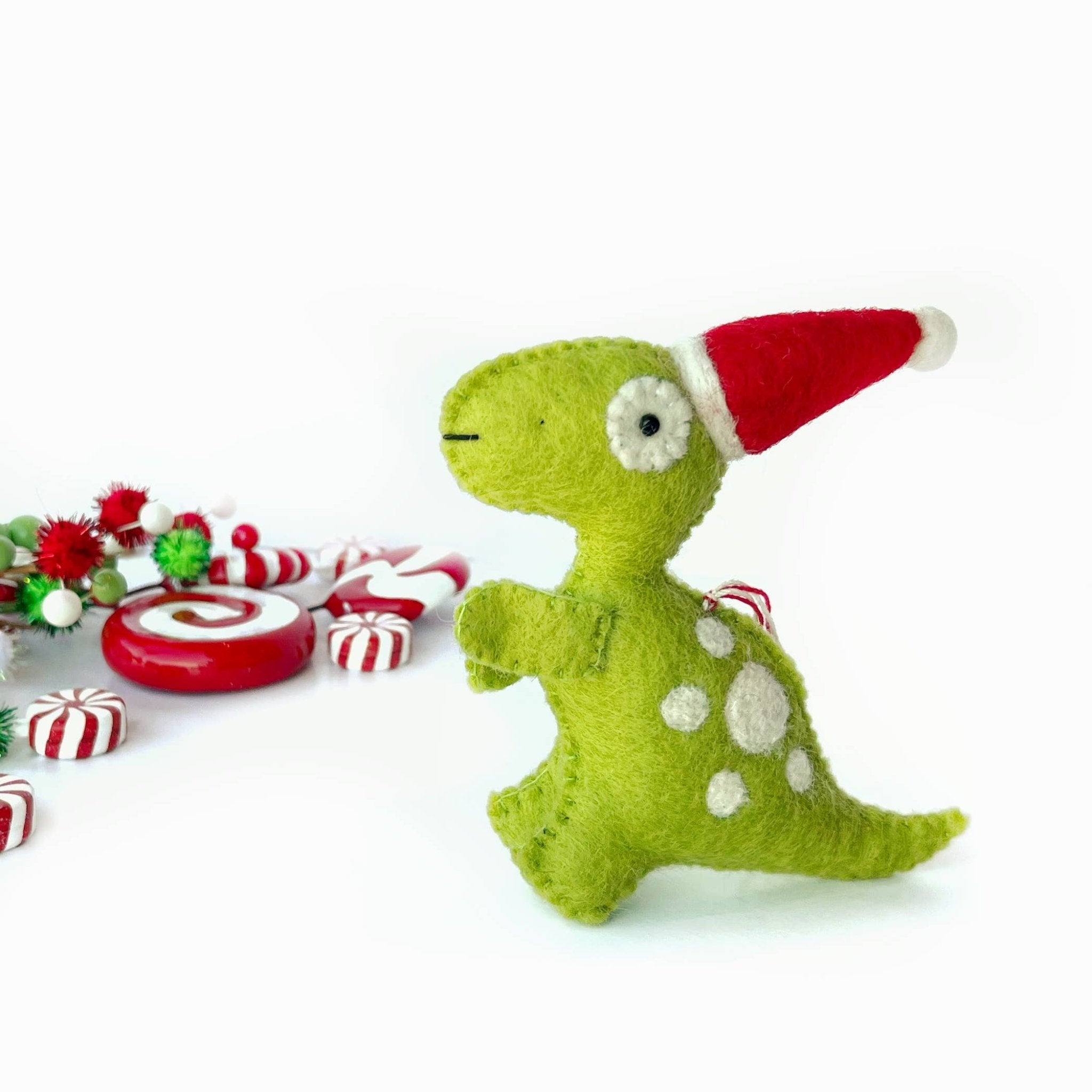 T - Rex in Santa Hat Felt Wool Dinosaur Ornament - Joy