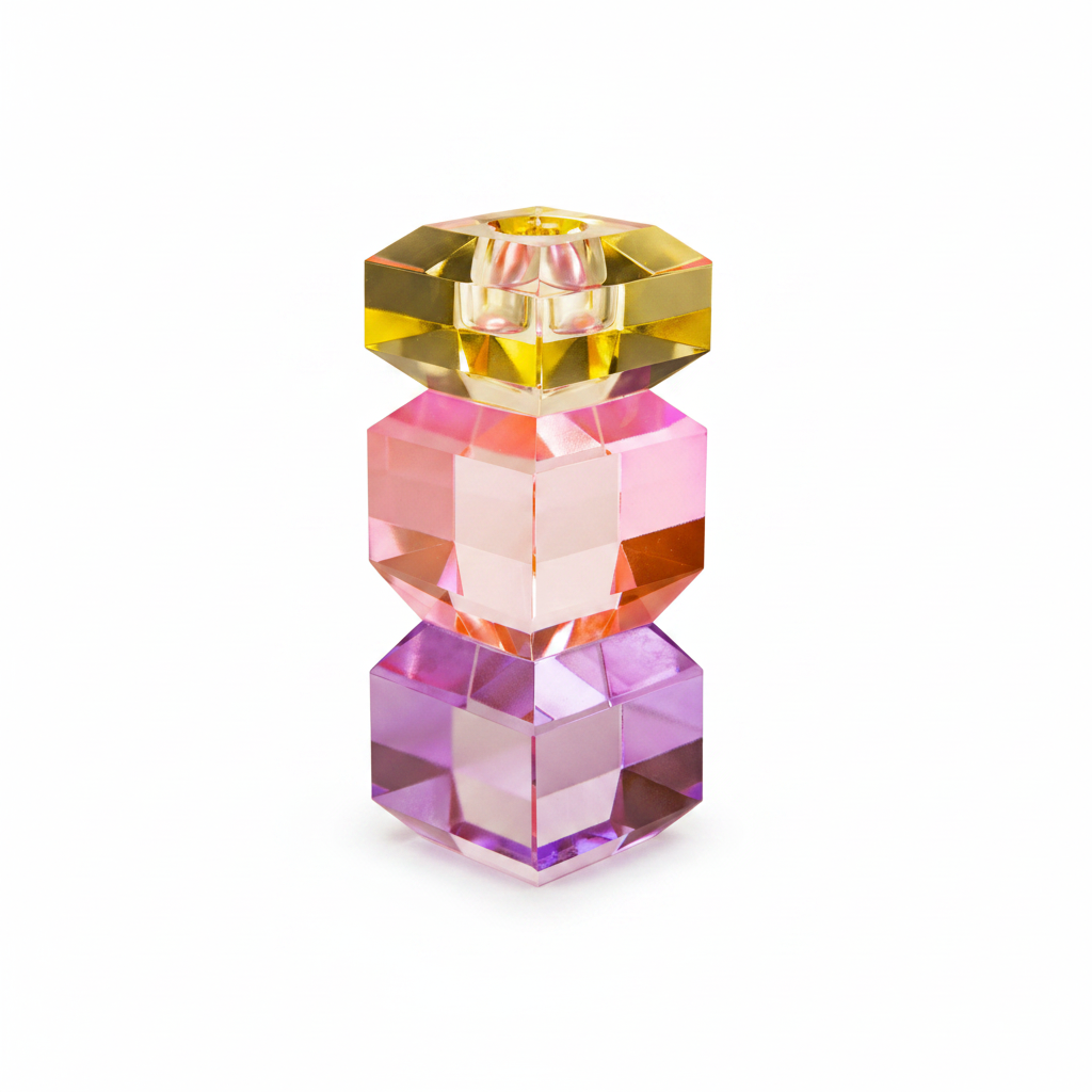 Tall Cubed Crystal Candle Holder, Violet/Light Pink/Butter - Joy