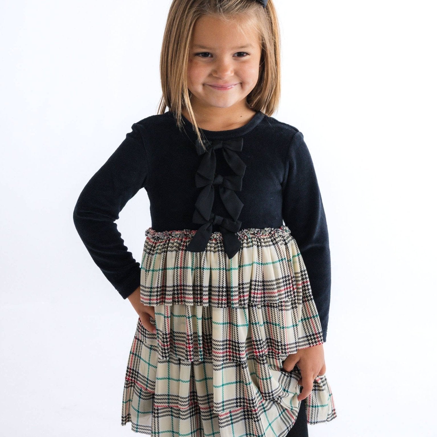 Tannen Plaid Velour & Tulle LS Twirl Dress | 3T - Joy