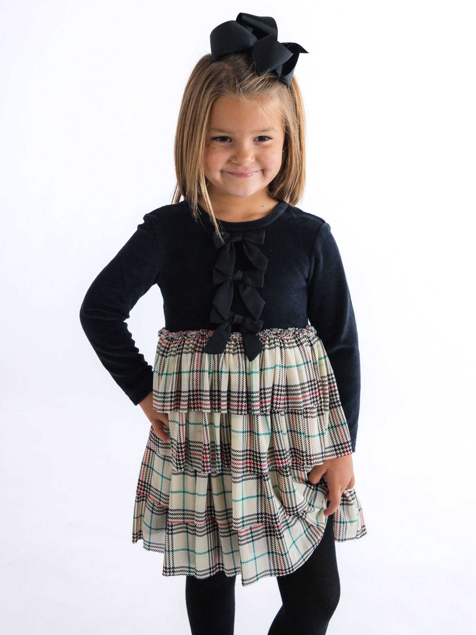 Tannen Plaid Velour & Tulle LS Twirl Dress | 3T - Joy