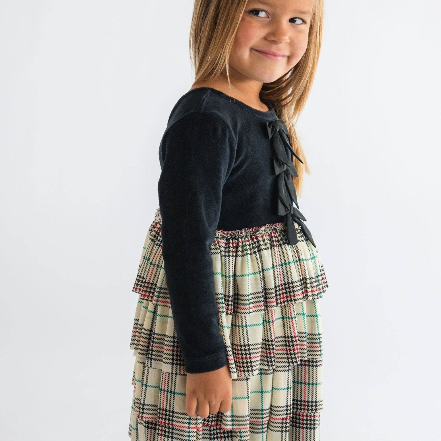 Tannen Plaid Velour & Tulle LS Twirl Dress | 4T - Joy