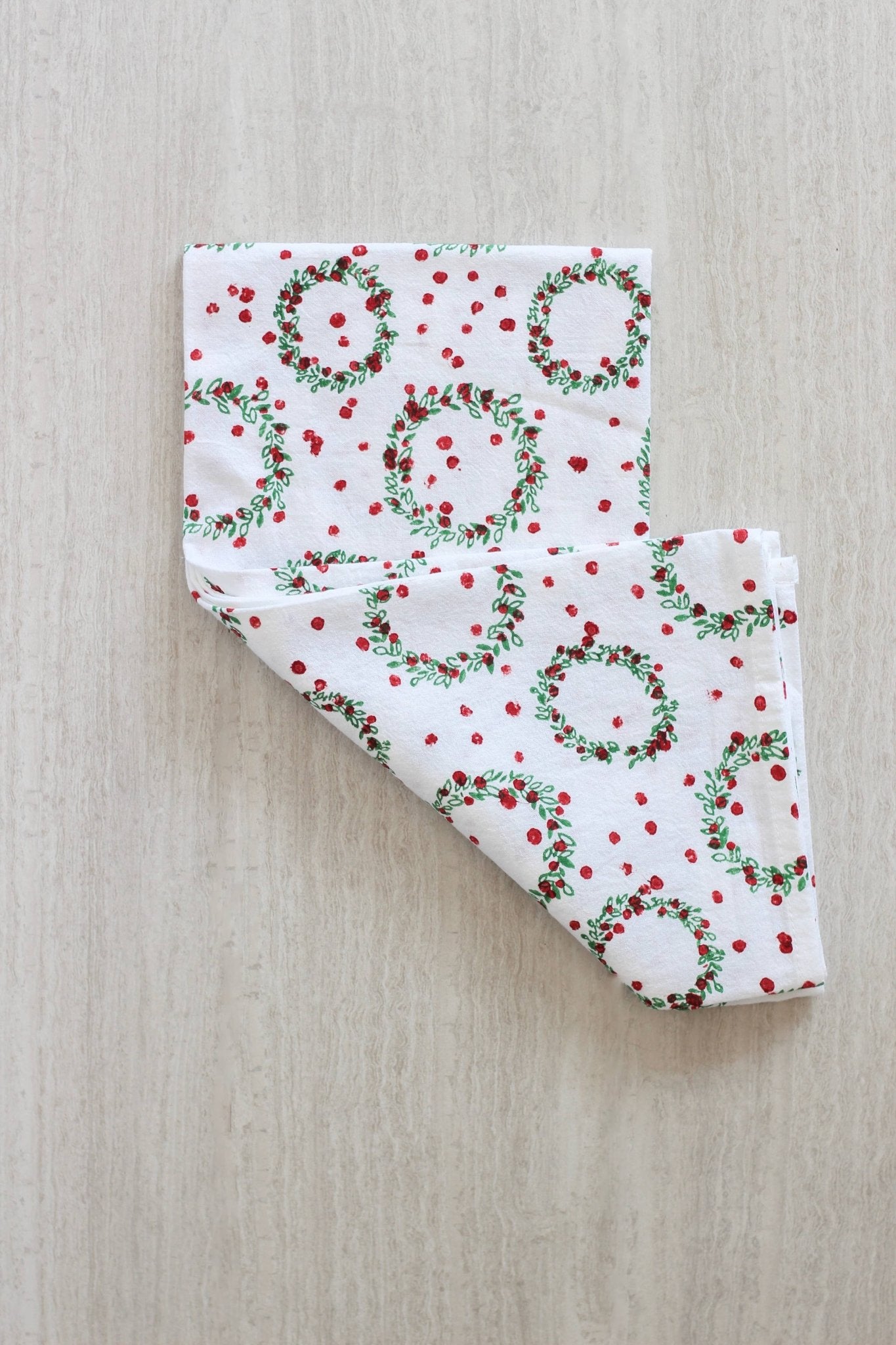 Tea Towel - Wreath, Evergreen & Red - Joy