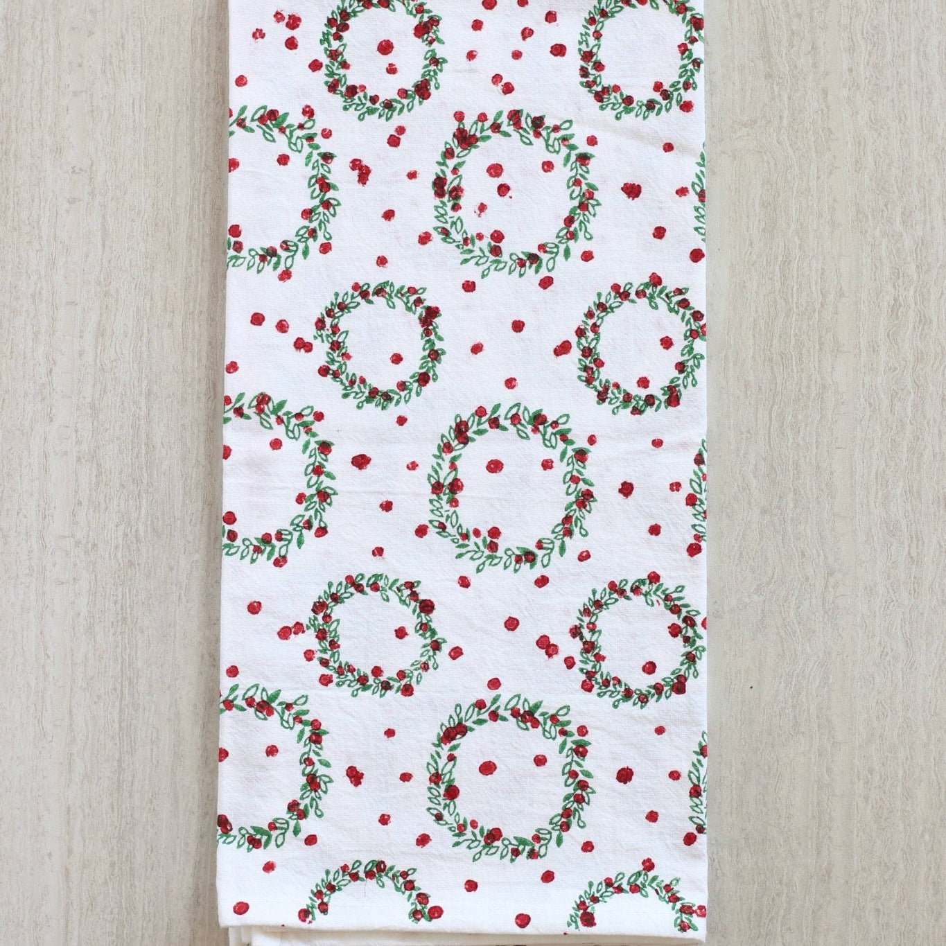 Tea Towel - Wreath, Evergreen & Red - Joy