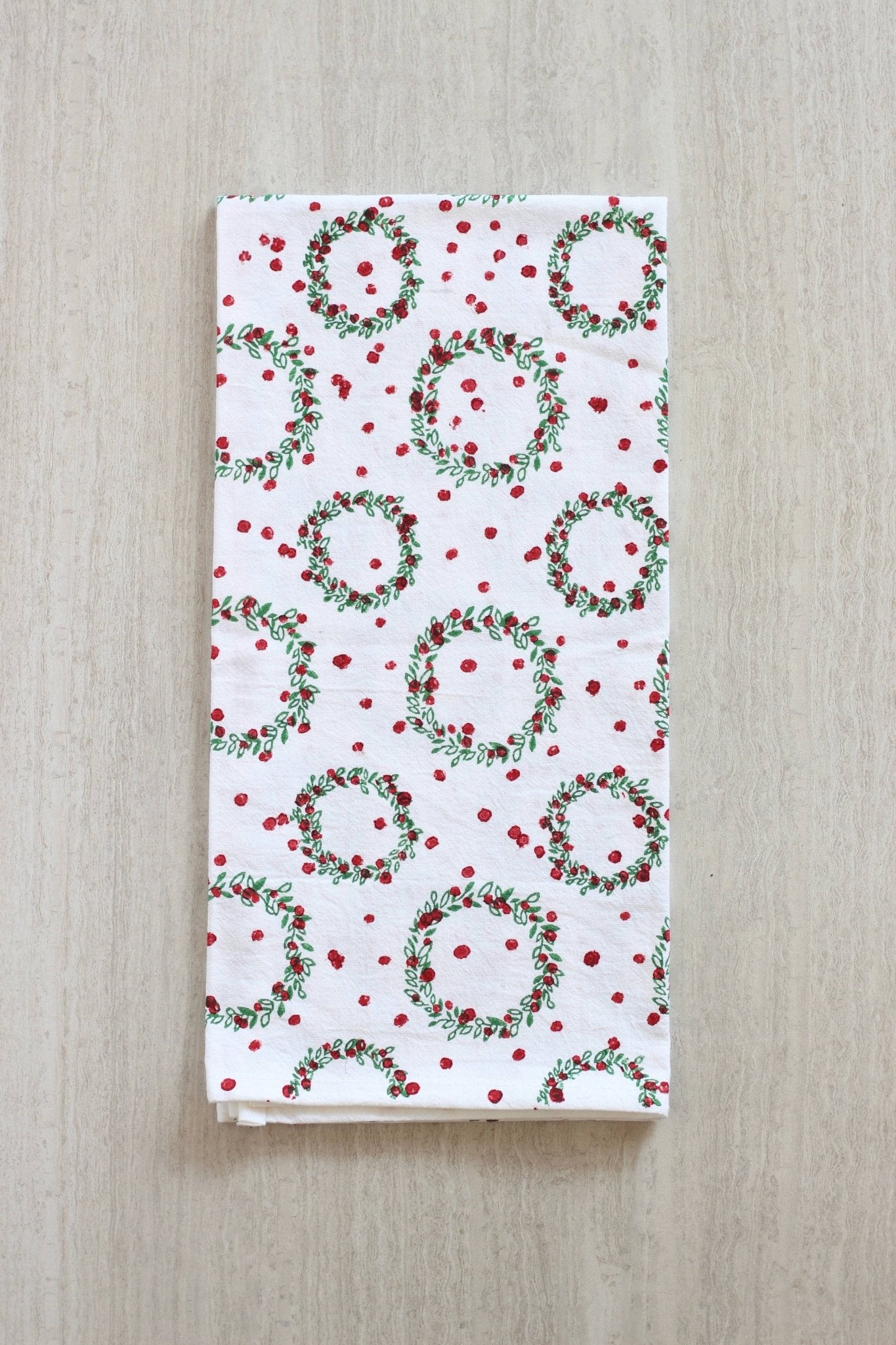 Tea Towel - Wreath, Evergreen & Red - Joy