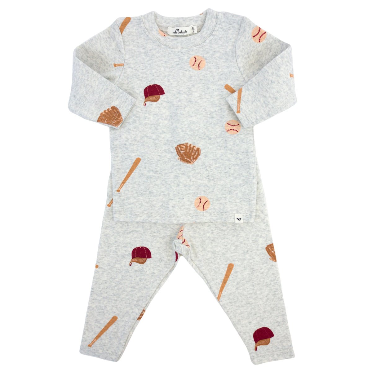Two Piece Set - Vintage Baseball Print - Heather Gray - Joy